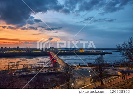 Sunset Over Strelka: Kanavinsky Bridge and Alexander Nevsky Cathedral 126238563