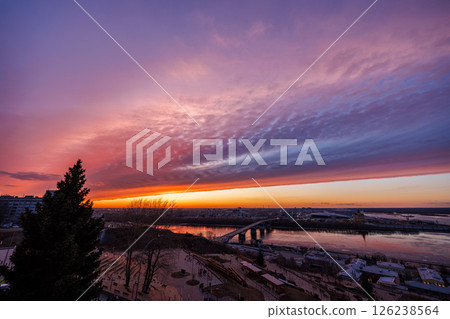 Sunset Over Strelka: Kanavinsky Bridge and Alexander Nevsky Cathedral 126238564