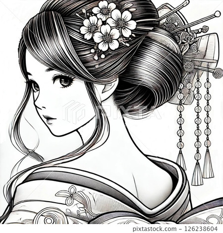 穿著和服的女人回頭看著我們2舞妓插畫白色背景單色 126238604