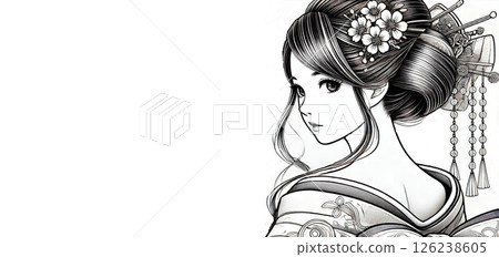 穿著和服的女人回頭看著我們 3 舞妓插畫 白色背景 單色 留白 126238605