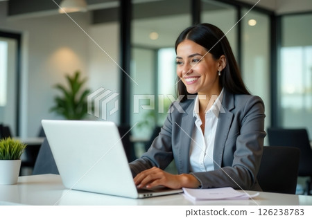 Young woman working on laptop in modern office space during daytime while smiling and enjoying her task 126238783