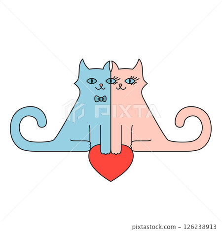 Two cute cats with red heart. Love Valentine illustration. For card, t-shirt, invitation, print, fabric. 126238913