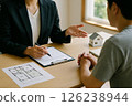 A scene where a real estate agent in a suit is explaining a property to a client based on a floor plan and a contract 126238944