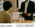 A scene where a real estate agent is explaining a house to a customer while posting a floor plan on a board 126238945