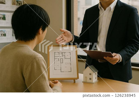 A scene where a real estate agent is explaining a house to a customer while posting a floor plan on a board 126238945