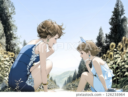 一個女孩和她的母親在向日葵田裡散步的插圖素材 126238964