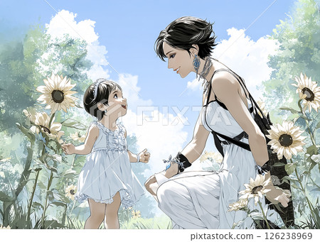 Illustration material of a girl and her mother walking in a sunflower field 126238969