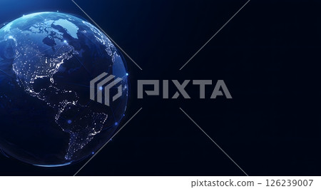 Earth from space with glowing city lights and digital network nodes across North and South America Earth from space with glowing city lights and digital network nodes across North and South America 126239007