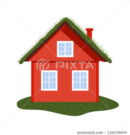 House illustration on isolated background. The wooden red building is in Scandinavian style. Wooden house with white Windows and flowers. House illustration on isolated background. The wooden red building is in Scandinavian style. Wooden house with white Windows and flowers. 126239044