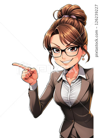 An intelligent woman wearing glasses and a suit pointing up 126239227