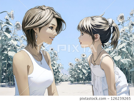 Illustration material of a girl and her mother walking in a sunflower field 126239265