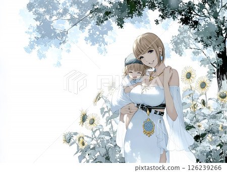 一個女孩和她的母親在向日葵田裡散步的插圖素材 126239266