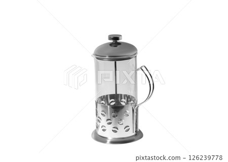 Teapot with metal strainer inside. Kitchen utensils on gray background. 126239778