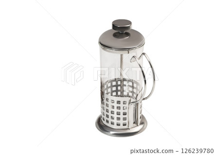 Teapot with metal strainer inside. Kitchen utensils on gray background. Teapot with metal strainer inside. Kitchen utensils on gray background. 126239780