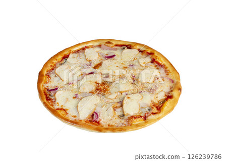 Pizza with bacon and cheese, herbs and cherry tomatoes. With mozzarella, shrimps Pizza with bacon and cheese, herbs and cherry tomatoes. With mozzarella, shrimps 126239786