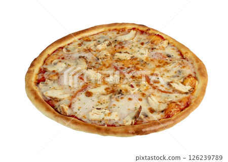 Pizza with bacon and cheese, herbs and cherry tomatoes. With mozzarella, shrimps 126239789