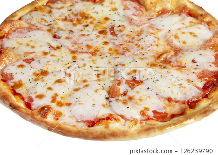 Pizza with bacon and cheese, herbs and cherry tomatoes. With mozzarella, shrimps Pizza with bacon and cheese, herbs and cherry tomatoes. With mozzarella, shrimps 126239790