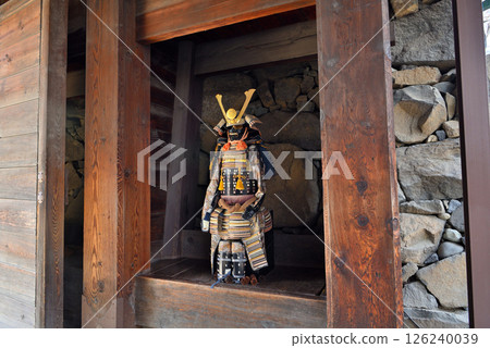 Armor and helmet placed at the Kuromon Gate, entrance to the castle's viewing area, Matsumoto Castle, Chubu region, Matsumoto City, Nagano Prefecture (2) Armor and helmet placed at the Kuromon Gate, entrance to the castle's viewing area, Matsumoto Castle, Chubu region, Matsumoto City, Nagano Prefecture (2) 126240039