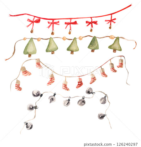 Watercolor hand painted set of Christmas garlands Watercolor hand painted set of Christmas garlands 126240297
