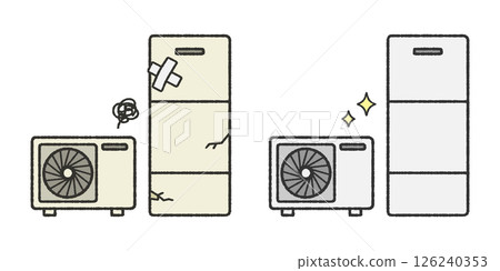 Hand-drawn Before and After of Ecocute Breakdown and Repair Hand-drawn Before and After of Ecocute Breakdown and Repair 126240353