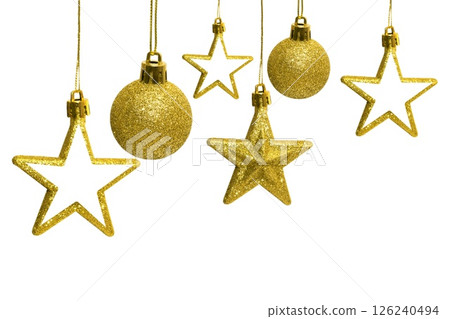 Set of golden decoration Christmas balls, star, heart, collection hanging isolated on white background 126240494