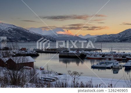Landscape with port during sunrise, Hamnvik, Norway Landscape with port during sunrise, Hamnvik, Norway 126240905