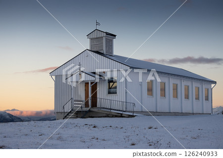 Simple white church in Ibestad, Norway Simple white church in Ibestad, Norway 126240933