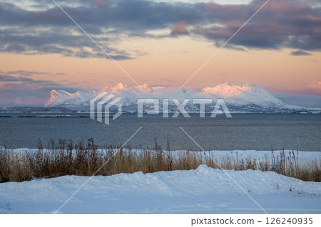 Sunrise in landscape with snow, Harstad, Norway 126240935
