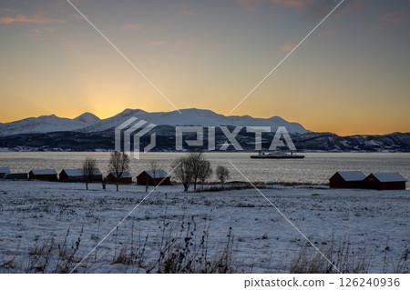 Landscape with boat during sunrise, Harstad, Norway 126240936