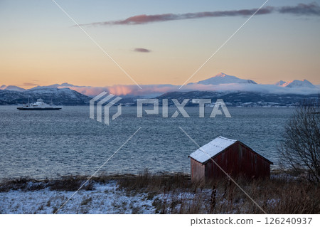 Landscape with boat during sunrise, Harstad, Norway 126240937