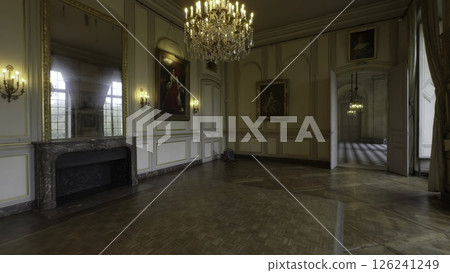 Empty ballroom interior in a french castle with paintings and chandelier. Action 126241249