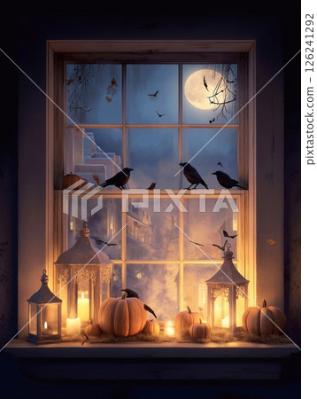 Halloween, still life on a windowsill with pumpkins, burning candles and crows, night, full moon over the forest outside the window. 126241292