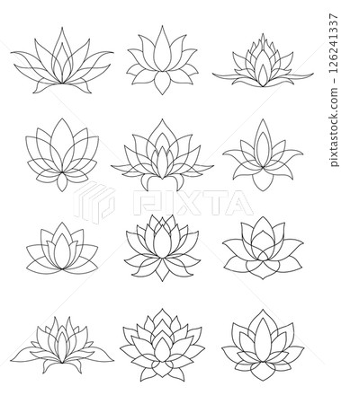 Set of lotus mehndi flower pattern for Henna drawing and tattoo. Decoration in oriental, Indian style. Doodle ornament collection. 126241337