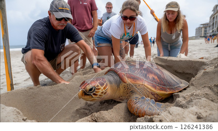 Rescue team works diligently to restore sea turtle to its natural habitat Rescue team works diligently to restore sea turtle to its natural habitat 126241386