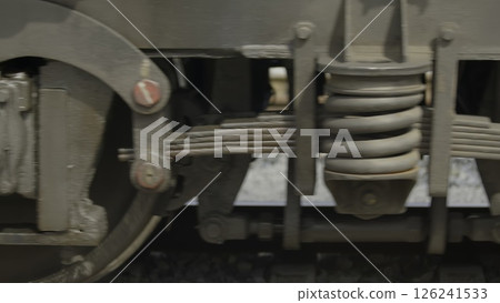 A Detailed Close Up Examination of the Train Wheel Assembly and Complex Suspension System. Stock Footage 126241533