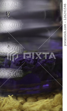Vibrant and Elegant Purple Flowers Immersed in Water with an Artistic and Colorful Swirl. Media 126241546