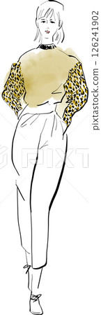 Illustration of a model-like woman walking down the runway 126241902