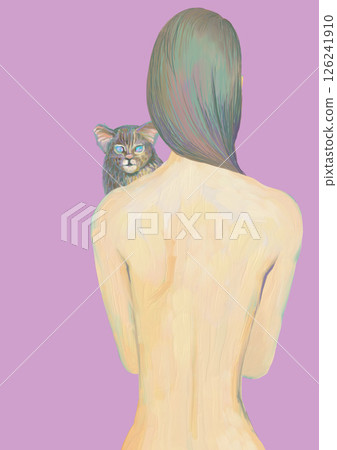 Back view of a woman and cat illustration Back view of a woman and cat illustration 126241910
