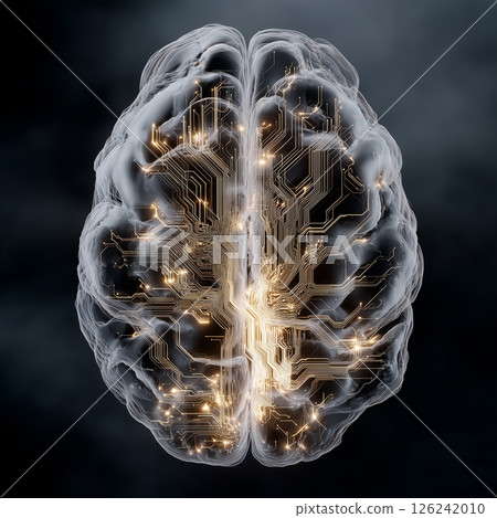 The fusion of the human brain and artificial intelligence (AI). A model of the brain of the future with advanced technology 126242010
