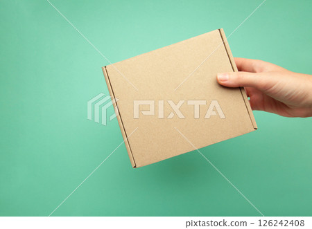 Young adult woman hands holding closed new brown carton box on mint background. 126242408