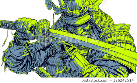 Neon-colored samurai holding a Japanese sword 126242514