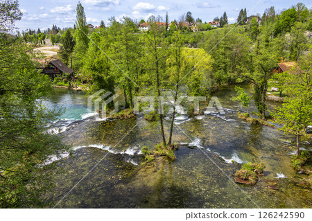 The historic village of Rastoke in the town of Slunj, where the Slunjcica River flows into the Korana River via cascades and waterfalls, Croatia The historic village of Rastoke in the town of Slunj, where the Slunjcica River flows into the Korana River via cascades and waterfalls, Croatia 126242590