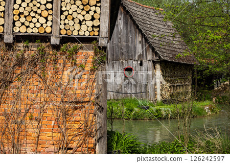 The historic village of Rastoke in the town of Slunj, where the Slunjcica River flows into the Korana River via cascades and waterfalls, Croatia 126242597
