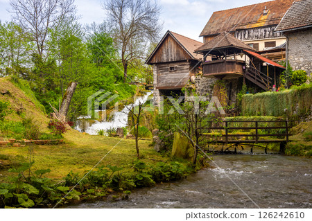 The historic village of Rastoke in the town of Slunj, where the Slunjcica River flows into the Korana River via cascades and waterfalls, Croatia 126242610