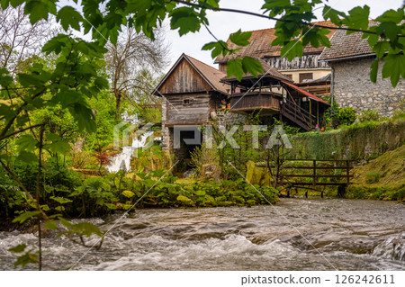 The historic village of Rastoke in the town of Slunj, where the Slunjcica River flows into the Korana River via cascades and waterfalls, Croatia 126242611