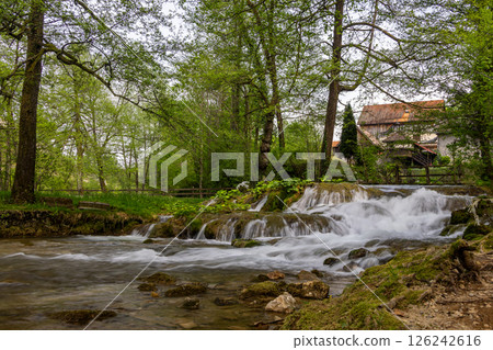 The historic village of Rastoke in the town of Slunj, where the Slunjcica River flows into the Korana River via cascades and waterfalls, Croatia 126242616