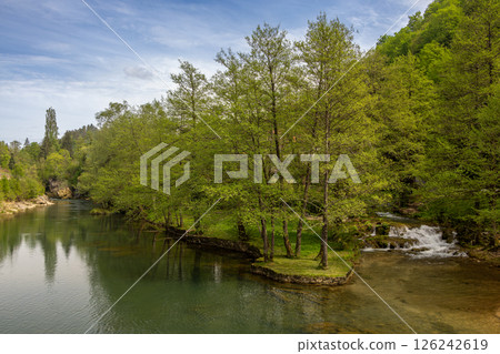 The historic village of Rastoke in the town of Slunj, where the Slunjcica River flows into the Korana River via cascades and waterfalls, Croatia The historic village of Rastoke in the town of Slunj, where the Slunjcica River flows into the Korana River via cascades and waterfalls, Croatia 126242619