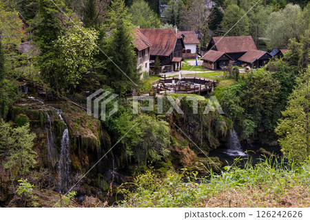 The historic village of Rastoke in the town of Slunj, where the Slunjcica River flows into the Korana River via cascades and waterfalls, Croatia 126242626