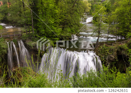 The historic village of Rastoke in the town of Slunj, where the Slunjcica River flows into the Korana River via cascades and waterfalls, Croatia The historic village of Rastoke in the town of Slunj, where the Slunjcica River flows into the Korana River via cascades and waterfalls, Croatia 126242631