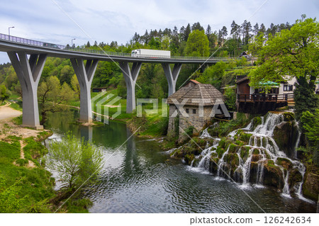 The historic village of Rastoke in the town of Slunj, where the Slunjcica River flows into the Korana River via cascades and waterfalls, Croatia 126242634